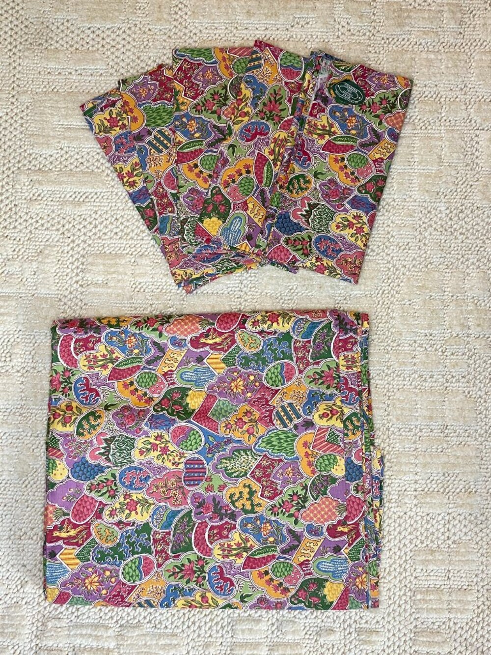 Vintage 1992 Charter Club Floral Patchwork Tablecloth & 5 Matching Napkins